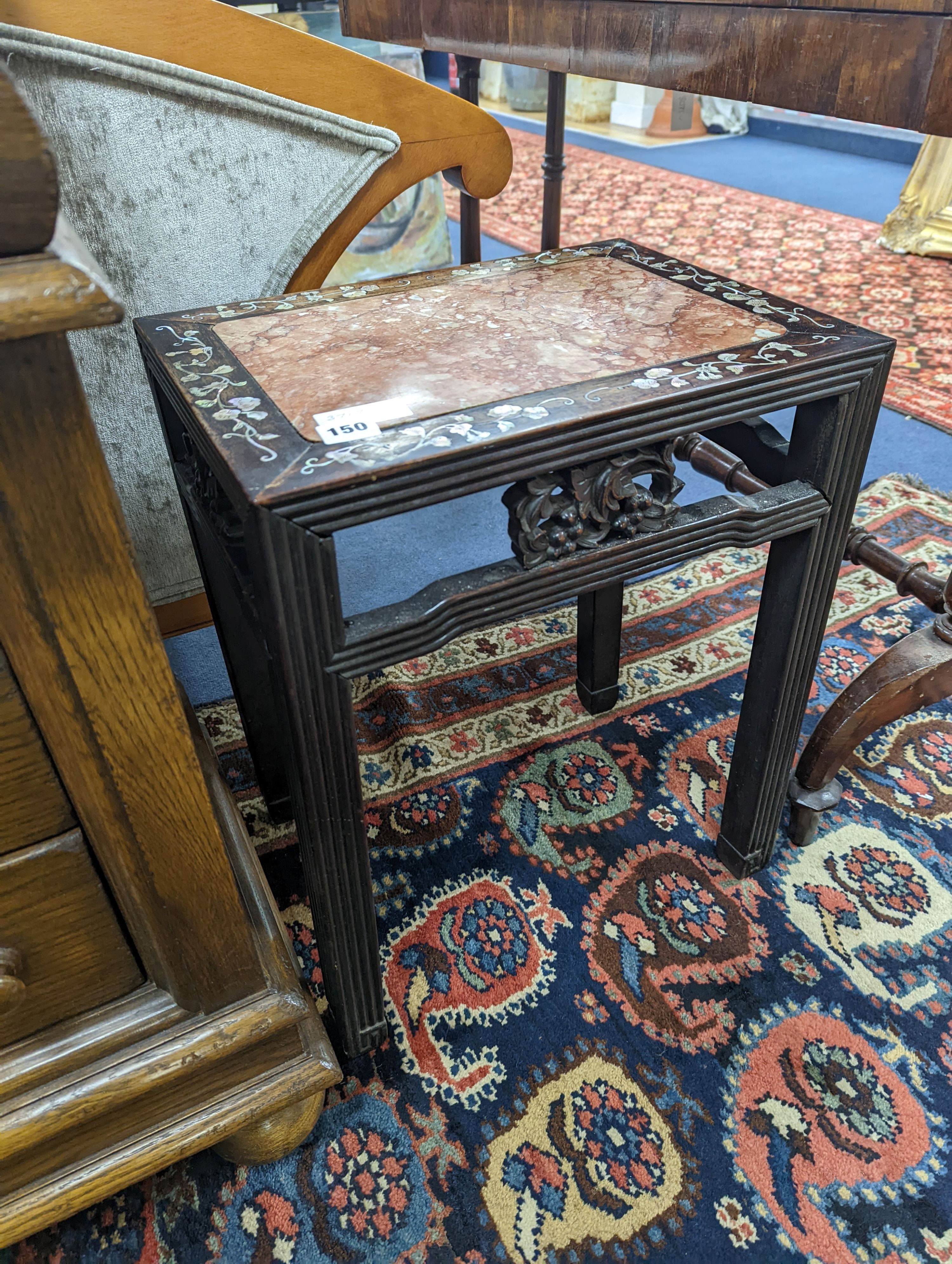 A Chinese rectangular mother of pearl inlaid rouge marbled top padouk jardiniere stand, width 42cm, depth 31cm, height 52cm